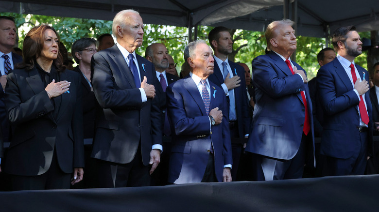 Harris, Biden, Bloomberg, Trump, Vance hands on hearts 9/11 service Ground Zero