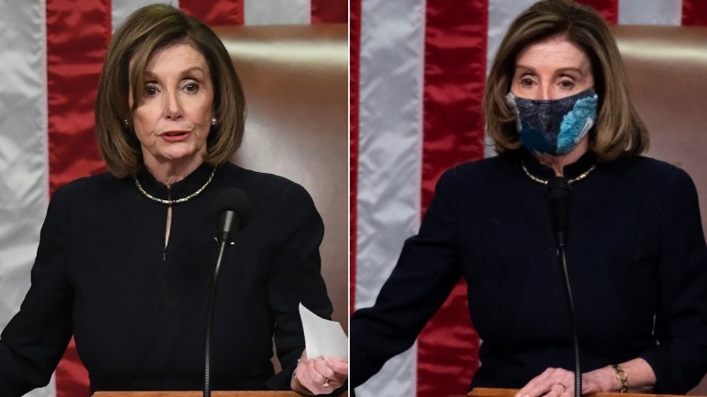 Split photo of Pelosi wearing same suit in both impeachments