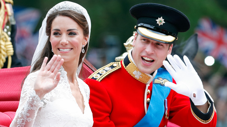 Kate Middleton Prince William smiling waving on their wedding day