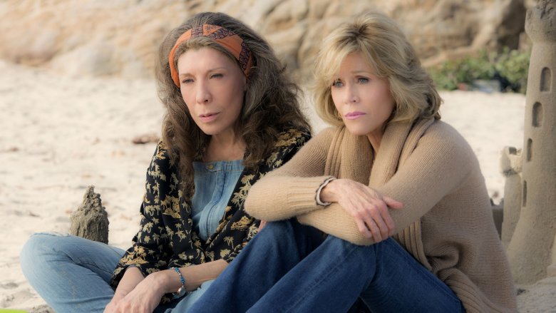 Lily Tomlin and Jane Fonda on a beach in Grace and Frankie