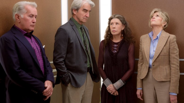 Martin Sheen, Sam Waterston, Lily Tomlin, and Jane Fonda in an elevator in Grace and Frankie