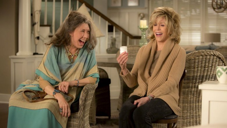 Lily Tomlin and Jane Fonda laughing on Grace and Frankie