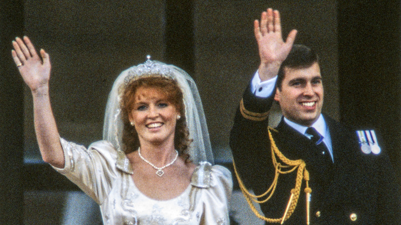 Sarah Ferguson, Prince Andrew waving, wedding day