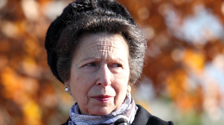 Princess Anne wearing a fur hat, looking off to the side 