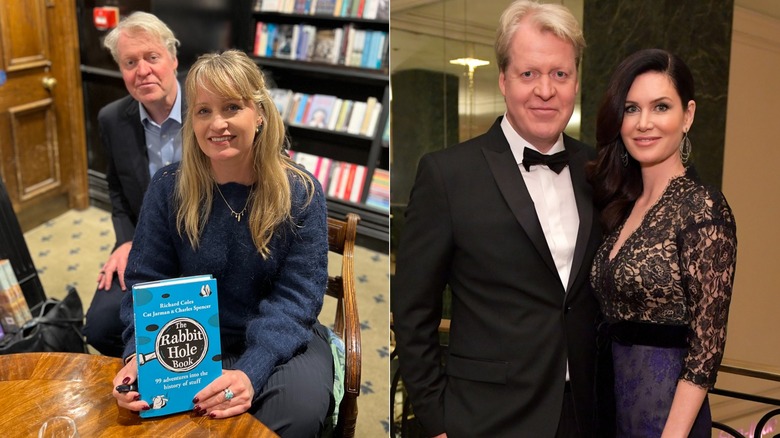 Charles Spencer behind Cat Jarman, both sitting in a book store. A second picture shows Charles Spencer with Karen Gordon, both in formal wear.