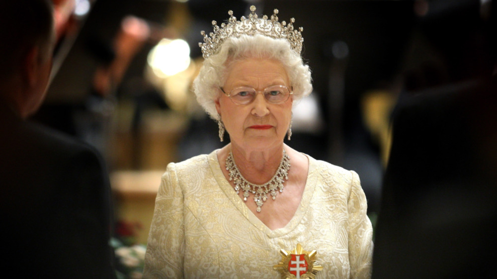 Queen Elizabeth II, crown, yellow dress