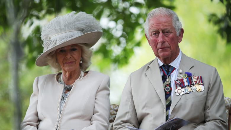 Prince Charles and Camilla in feather hat looking serious