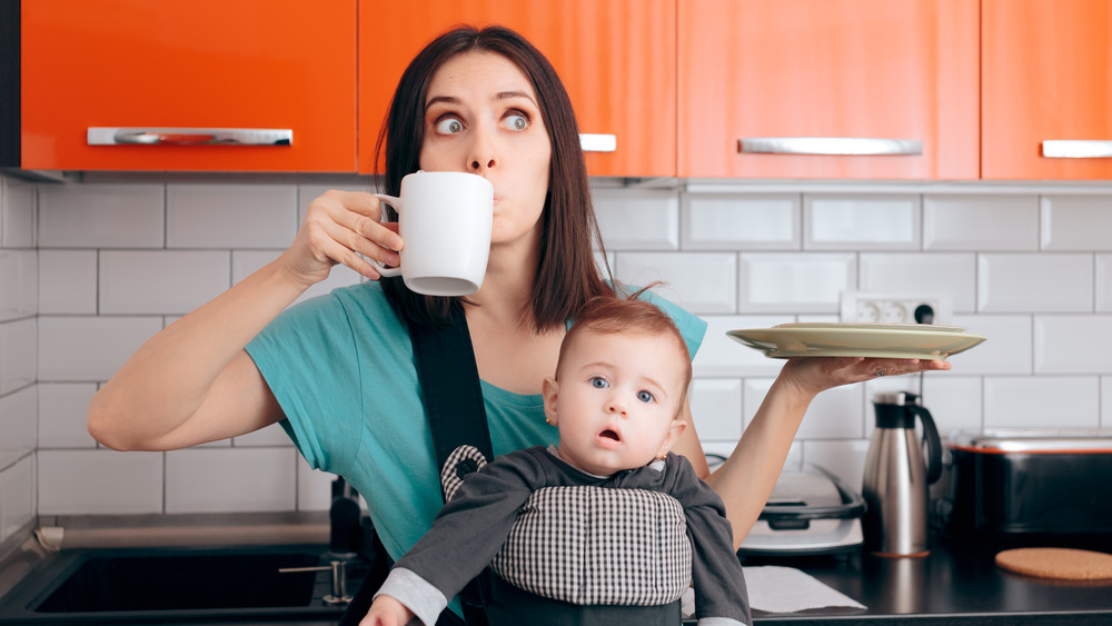 Busy mom drinking coffee