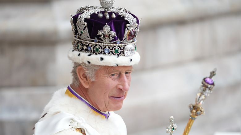 King Charles poses in his coronation crown 