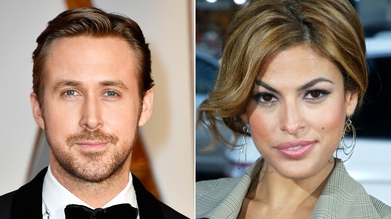 Ryan Gosling and Eva Mendes posing at events