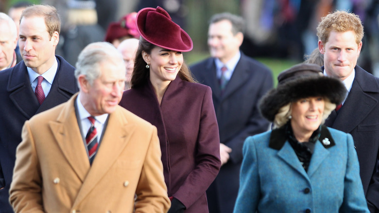 William, Charles, Kate, Camila, and Harry walking