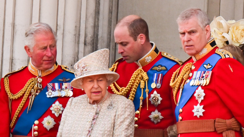 Prince Charles, Prince of Wales, Queen Elizabeth II, Prince William, Duke of Cambridge and Prince Andrew, Duke of York seen on the balcony of Buckingham Palace