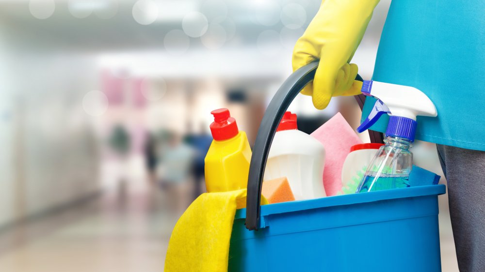 Bucket full of cleaning supplies