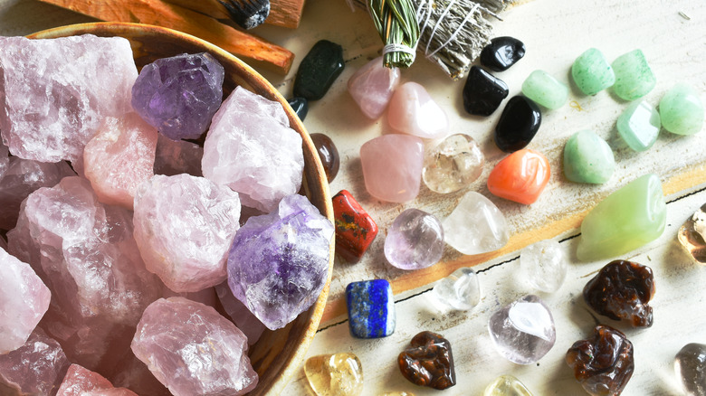 Top down view of a variety of healing crystals
