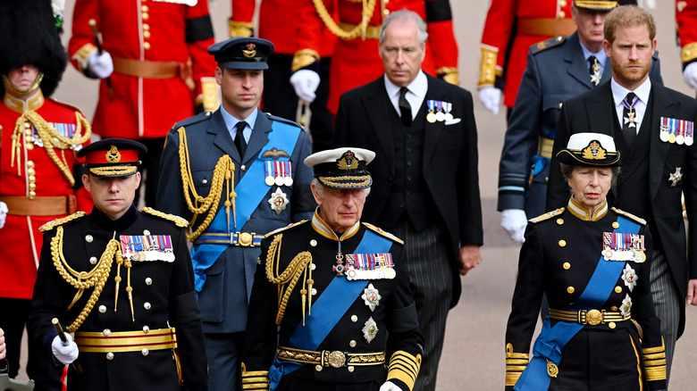 King Charles and the royal family in military uniform for Queen Elizabeth's funeral