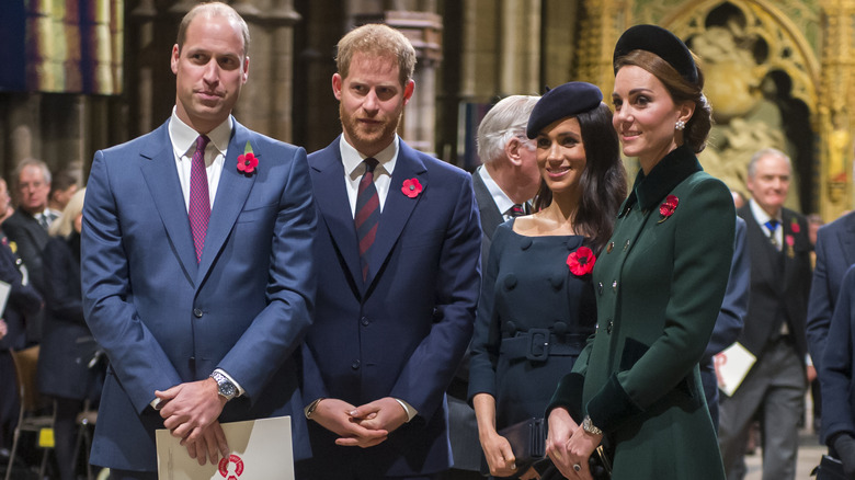 Prince William, Prince Harry, Meghan Markle, and Kate Middleton standing in church together