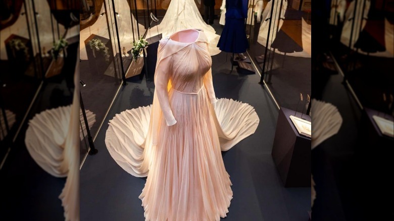 Princess Eugenie's evening wedding dress on display 