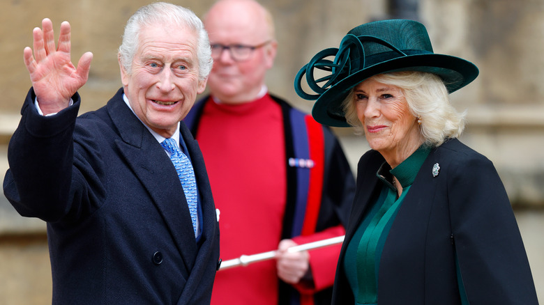 King Charles III and Camilla waving