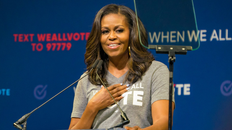 Michelle Obama giving a speech to encourage others to vote at When We All Vote