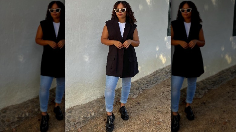 woman wearing chunky loafers with vest