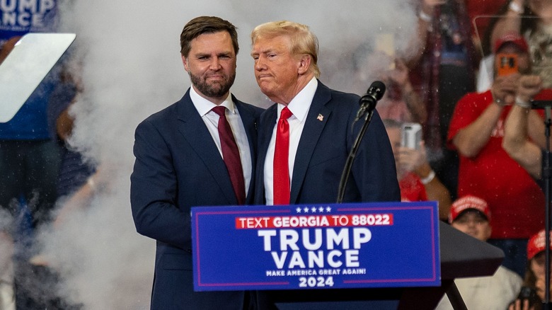 Donald Trump and JD Vance delivering a speech