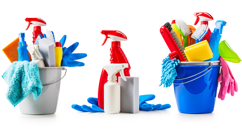 Buckets of cleaning products