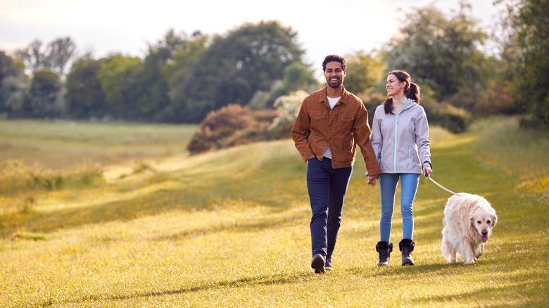 couple walking dog in a field 