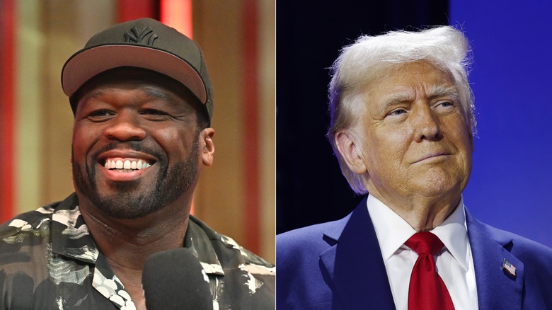 Split image of 50 Cent and Donald Trump smiling