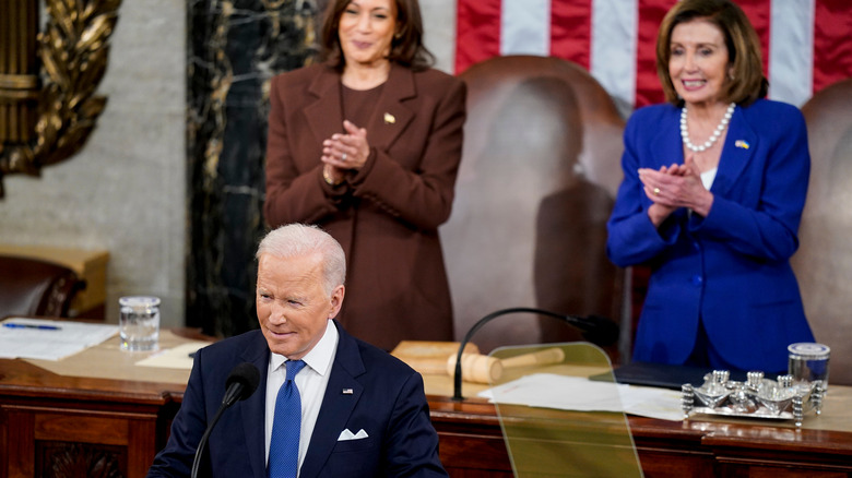 President Joe Biden, Vice President Kamala Harris, and Nancy Pelosi during the State of the Union address