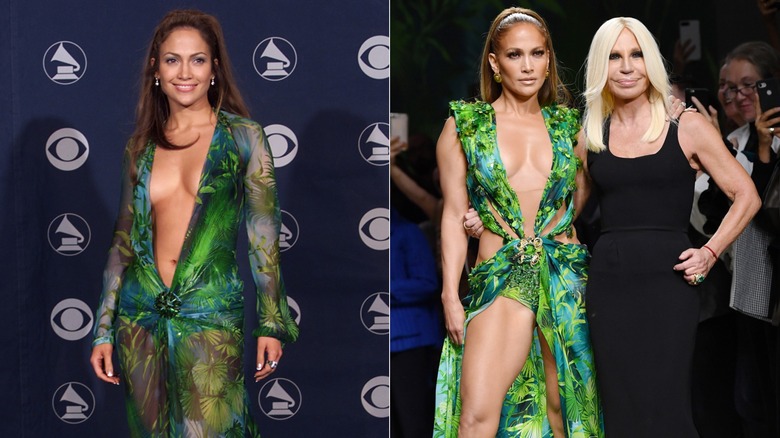 Jennifer Lopez posing in the green Versace dress at the 2000 Grammy Awards & Jennifer Lopez wearing the green Versace dress at Milan Fashion week in 2019 with its creator Donatella Versace