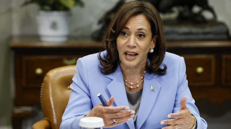 Kamala Harris speaking during the start of a meeting with the Biden administration's Task Force on Reproductive Health Care Access in the Roosevelt Room of the White House on April 12, 2023 in Washington, DC.