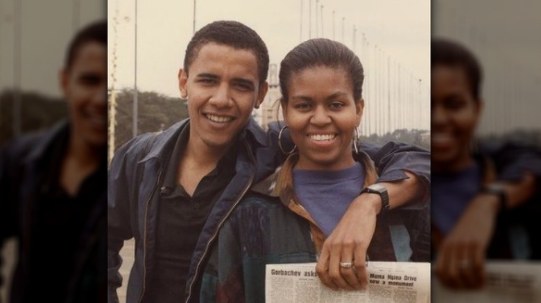 young Barack and Michelle Obama smiling