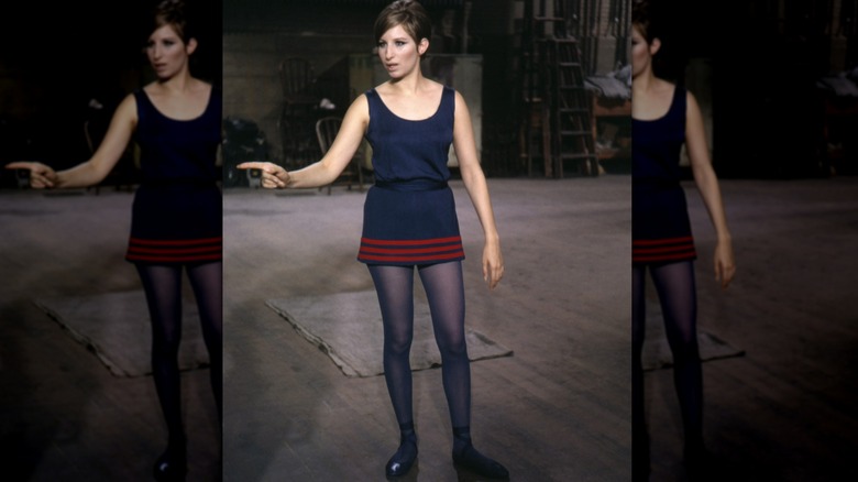 Barbra Streisand in costume rehearsing on stage