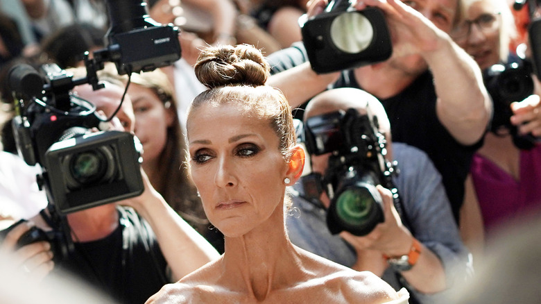 Celine Dion looking serious in a topknot