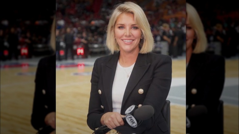 Charissa Thompson on the sidelines at a basketball game for Fox Sports