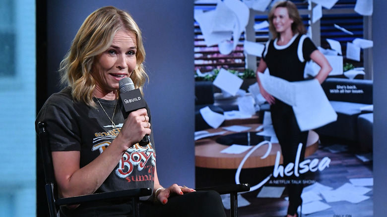 Chelsea Handler talking into a microphone