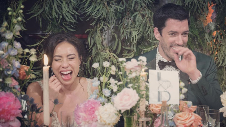 Linda Phan and Drew Scott laughing on their wedding day