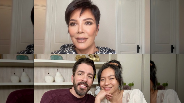 Split photo of Linda Phan and Drew Scott smiling with Kris Jenner on 'At Home' podcast