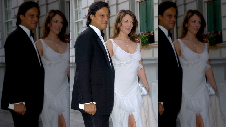 Elizabeth Hurley in white gown with Arun Nayer