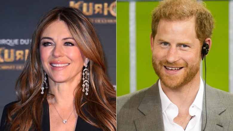 Elizabeth Hurley in silver dress and Prince Harry in black polo