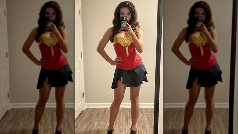 Lauren LaVera posing for a selfie while costumed as Wonder Woman