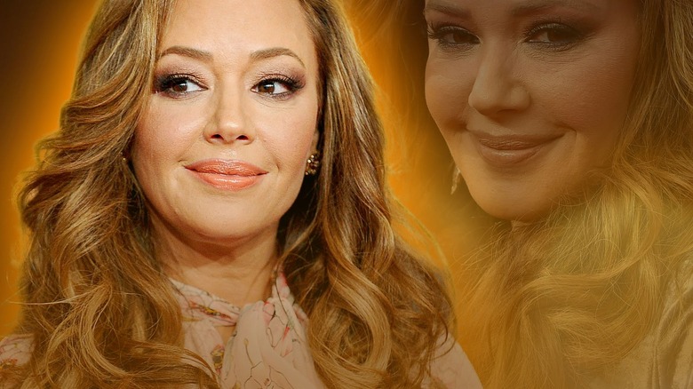 side by side photos of Leah Remini smiling