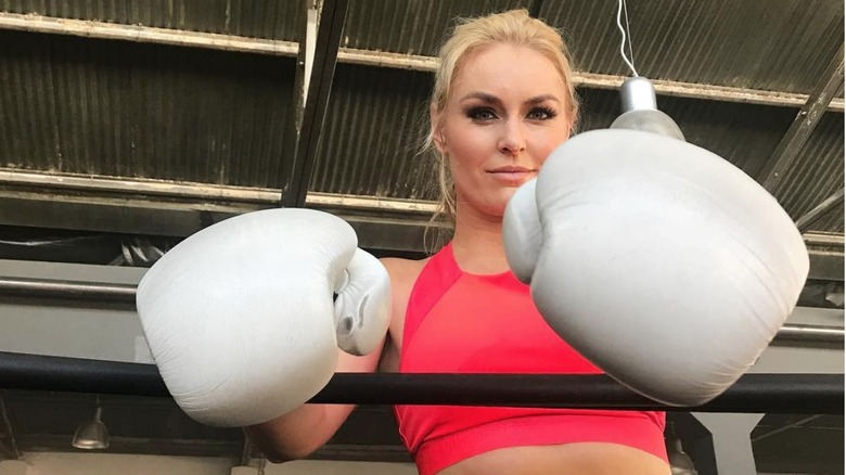 Lindsey Vonn wearing boxing gloves