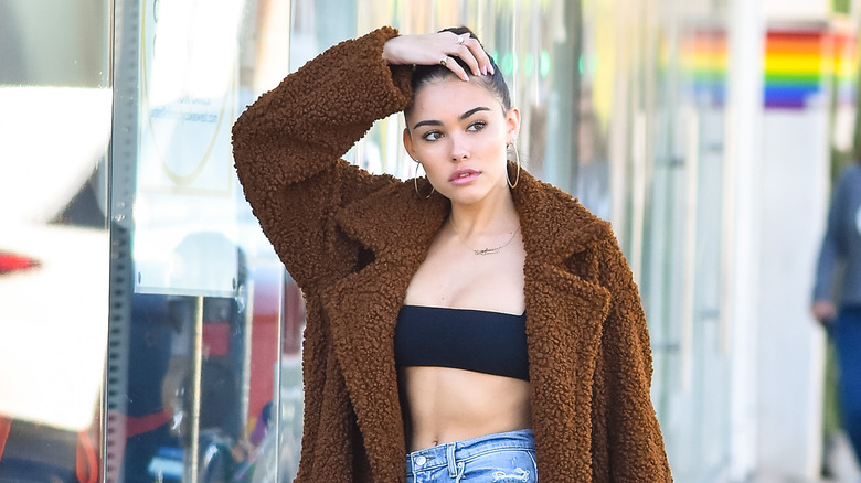 Madison Beer in brown coat, walking