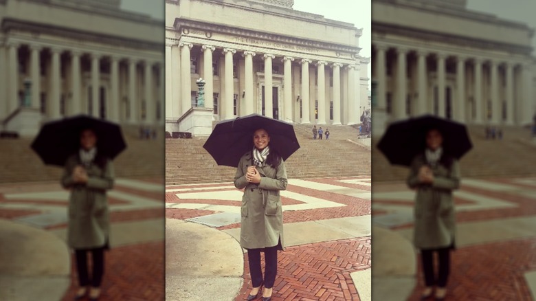 Marilee Fiebig Holmes standing outside Columbia University