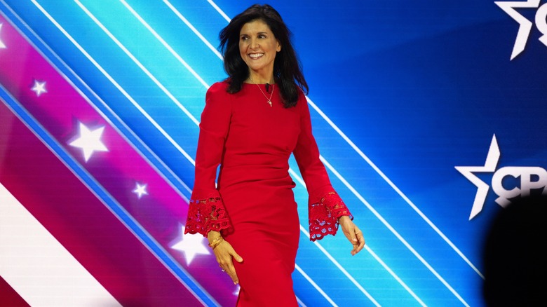 Nikki Haley walking and smiling onstage