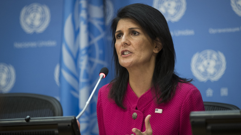 Nikki Haley speaking into a microphone