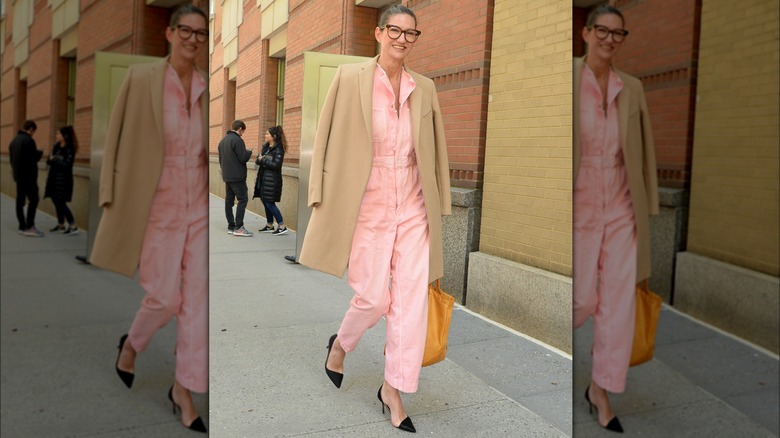 Jenna Lyons pink jumpsuit camel jacket