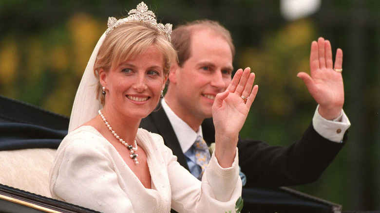 Sophie, Countess of Wessex waving on her wedding day