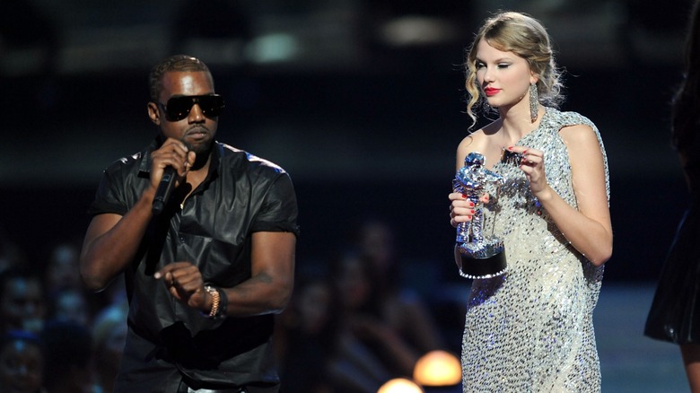 Kanye West and Taylor Swift onstage at the VMAs